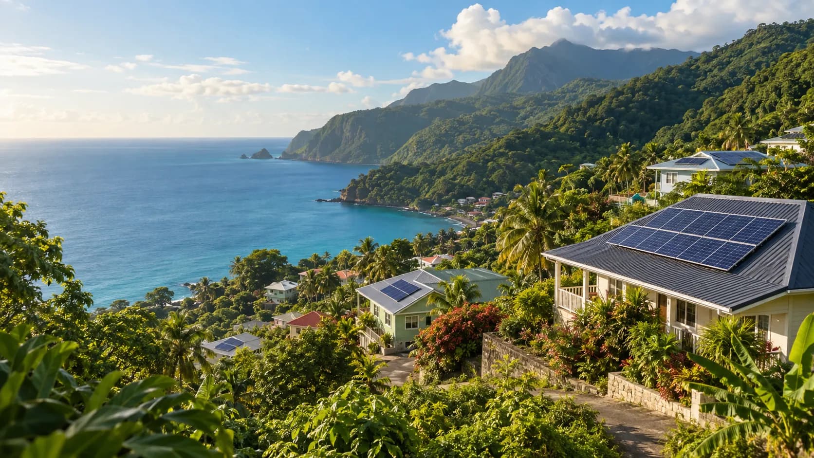 A lush Caribbean coastline and a home with rooftop solar